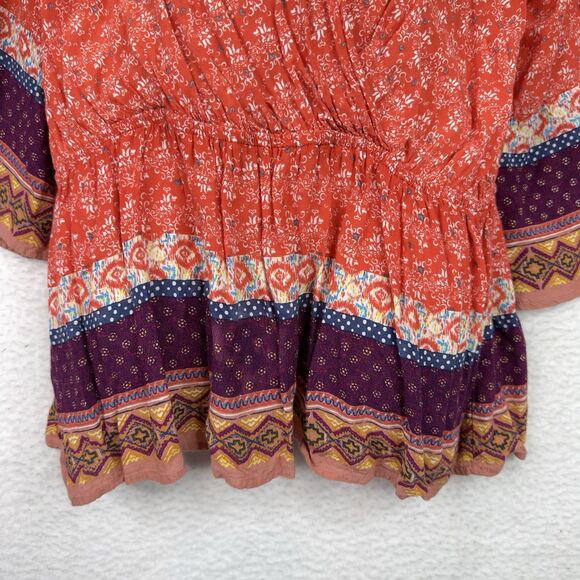 Black Note Boho Peasant Tunic Top‎ Women’s XL Orange Floral Border Print Peplum - Picture 4 of 15